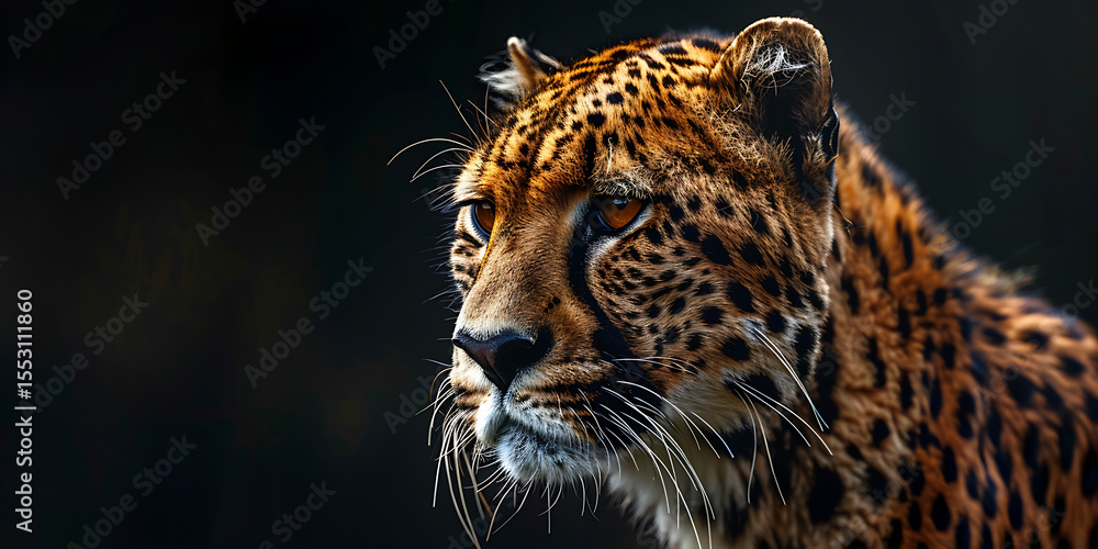 Obraz premium Close-up of leopard head with striking orange coat black rosettes and intense eyes against dark background