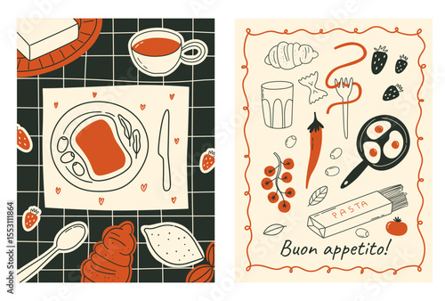 Set of hand drawn food posters in trendy whimsical style. Doodle drawings of eggs, pepper, tomatoes, pasta, bread. La dolce vita concept. Contemporary art vector illustrations