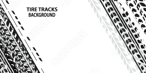 Tire tracks background for rally, drift, motocross, off-road and other auto and motorsport. Black tire marks on a white background with a worn effect and splashes of dirt. Vector idynamic tire