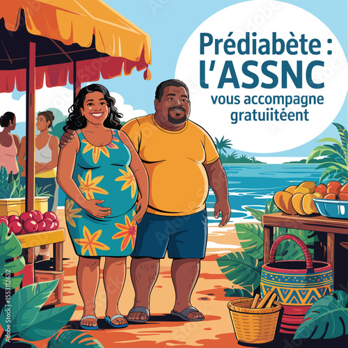 Prediabetes Awareness Illustration – Colorful Market Scene Promoting Free Support from ASSNC