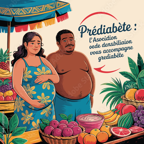 Prediabetes Awareness Illustration – Colorful Market Scene Promoting Free Support from ASSNC