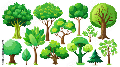 This artistic tree collection features green trees in various forms, each isolated on a clean white background. Different kinds appear gracefully, creating a visual journey through botanical beauty an