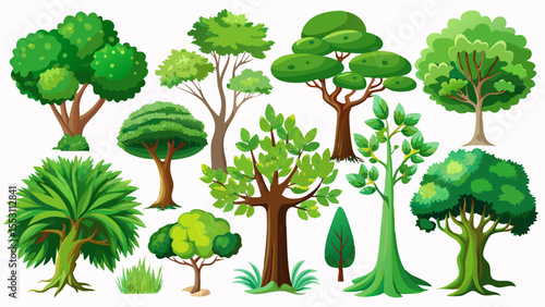 This artistic tree collection features green trees in various forms, each isolated on a clean white background. Different kinds appear gracefully, creating a visual journey through botanical beauty an