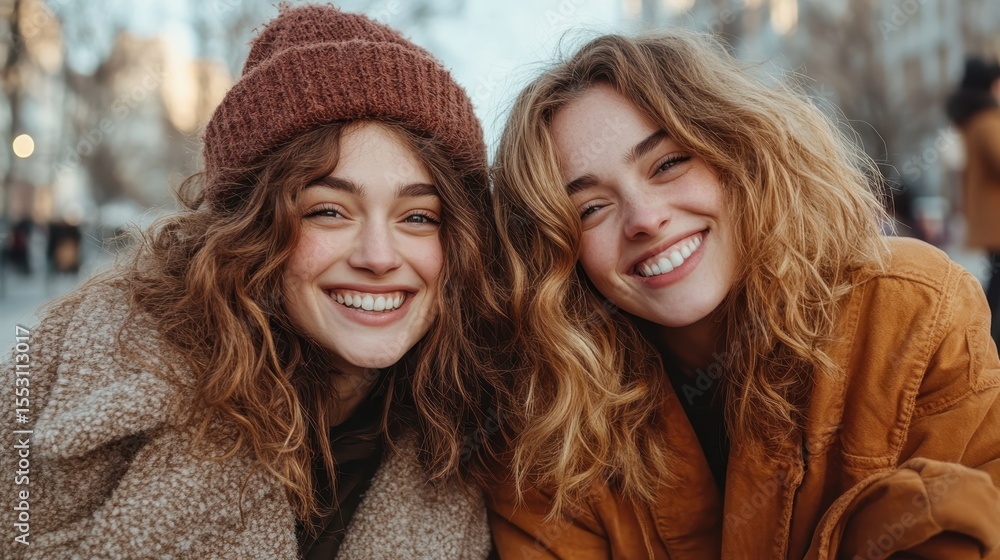 Fototapeta premium Two joyful women with curly hair and cozy winter attire pose together, radiating friendship and happiness amidst a beautiful outdoor setting with warm sunlight.