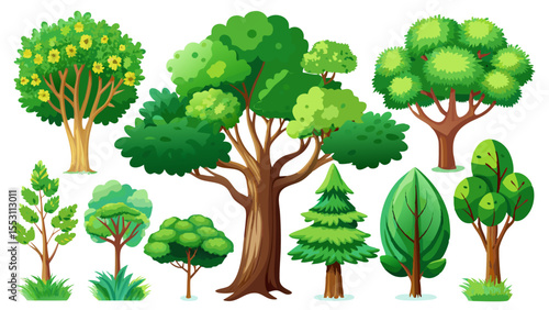This artistic tree collection features green trees in various forms, each isolated on a clean white background. Different kinds appear gracefully, creating a visual journey through botanical beauty an