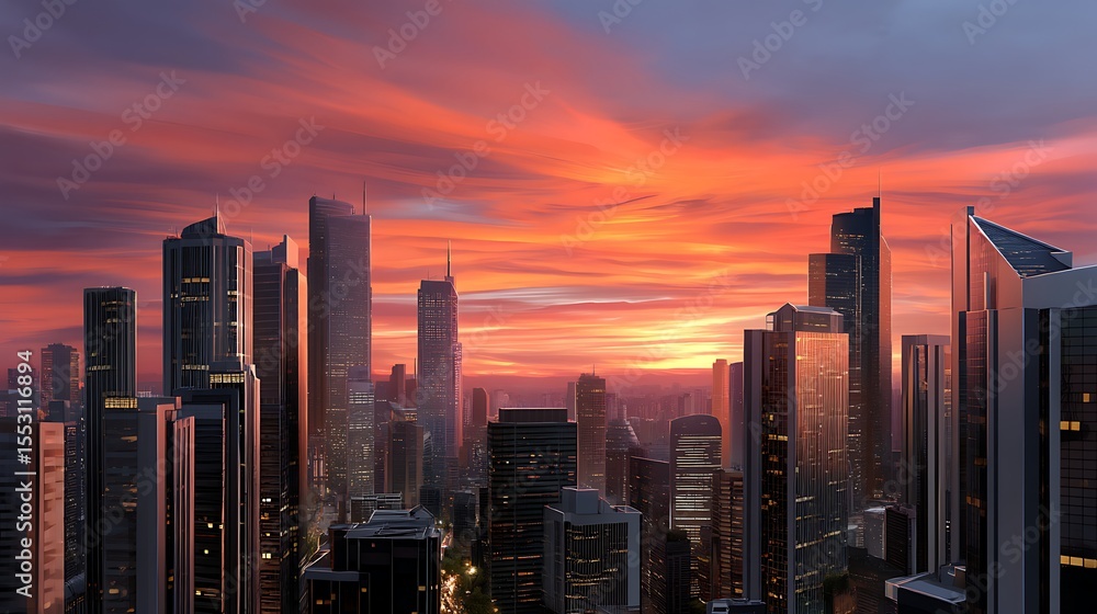 Fototapeta premium Urban Skyline at Sunset with Vibrant Colors and Modern Architecture