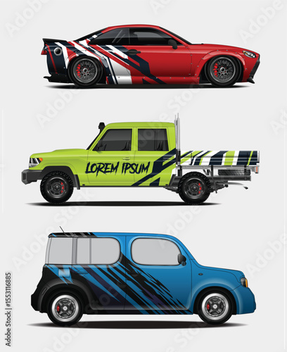 Three Cars with Colorful Wrap Designs Sportscar Truck and Compact Vehicle