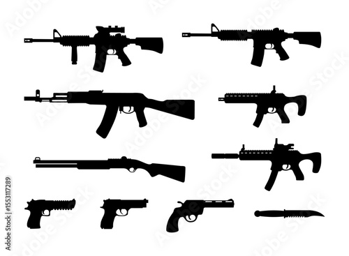 silhouettes of various guns and a weapon
