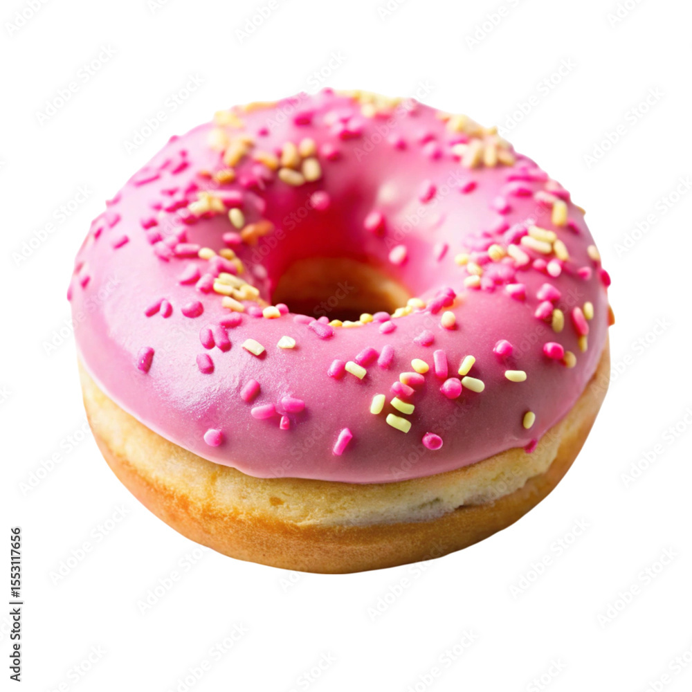Delicious pink frosted donut with sprinkles isolated on black background sweet treat bakery dessert pastry food Delicious pink frosted donut with sprinkles isolated on black background sweet treat bakery dessert pastry food