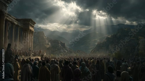 Covenant renewal at Shechem, dramatic light beams pierce dark clouds over a vast crowd, evoking reverence and unity. Inspired by biblical themes from Joshua 24.