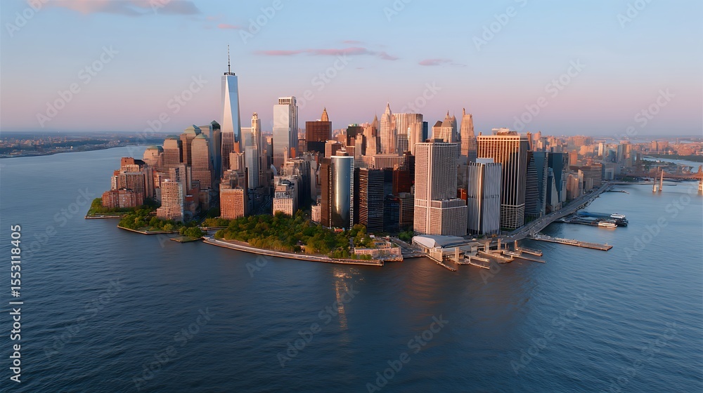 Obraz premium Aerial View of Modern Skyscrapers Over Water at Dusk in New York City