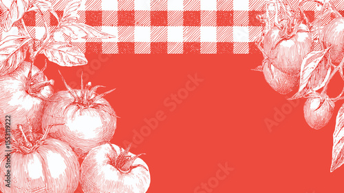Tomato illustration with checkered pattern on red background  