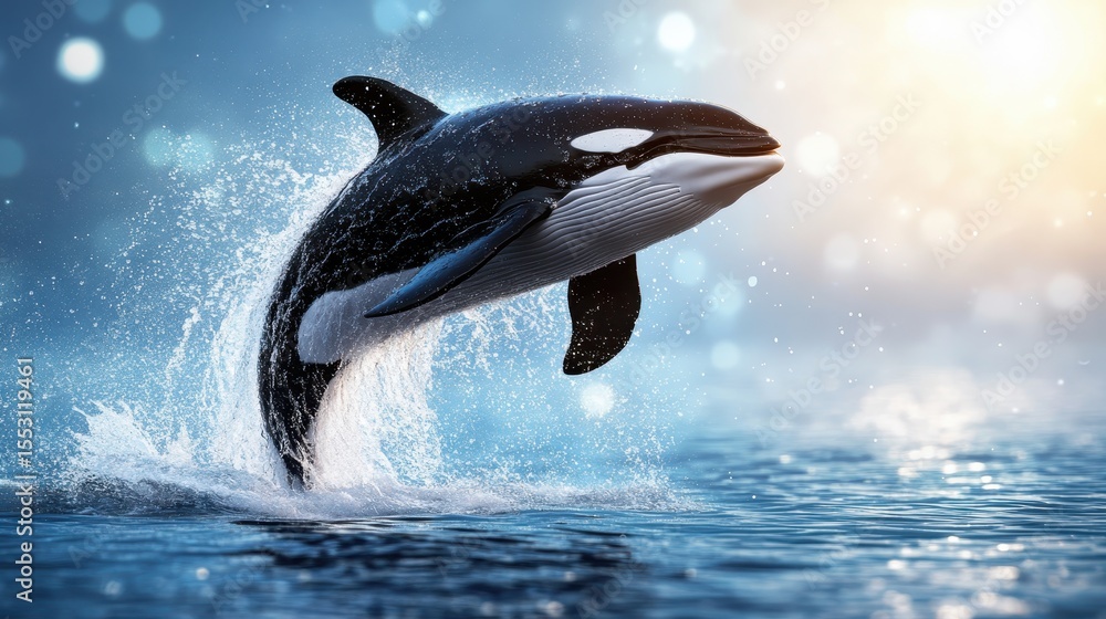 Obraz premium An incredible moment captured with an orca whale breaching out of the water, sparkling droplets creating a magical effect against a soft, illuminated ocean backdrop.