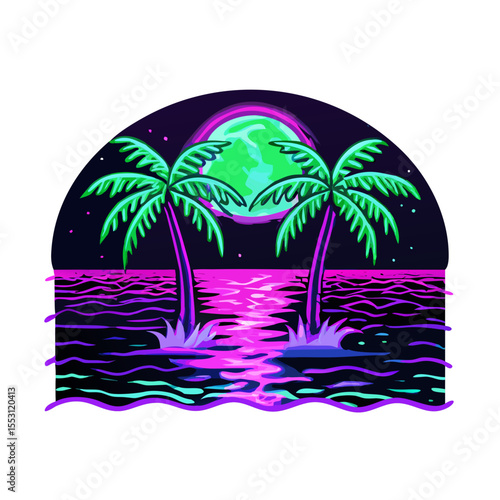 Tropical Sunset T-Shirt Design – Bold Palm Trees, Vibrant Ocean Waves, Colorful Flowers, Beach Summer Vibes Graphic Tee on White Background