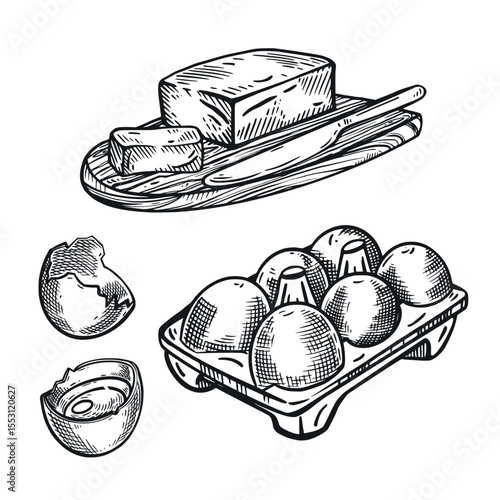 Vector illustration set, quoi eggs, egg cell, butter with knife. All objects are hand-drawn in vector. Illustrations are suitable for the design of food packaging, the design of farm shops.