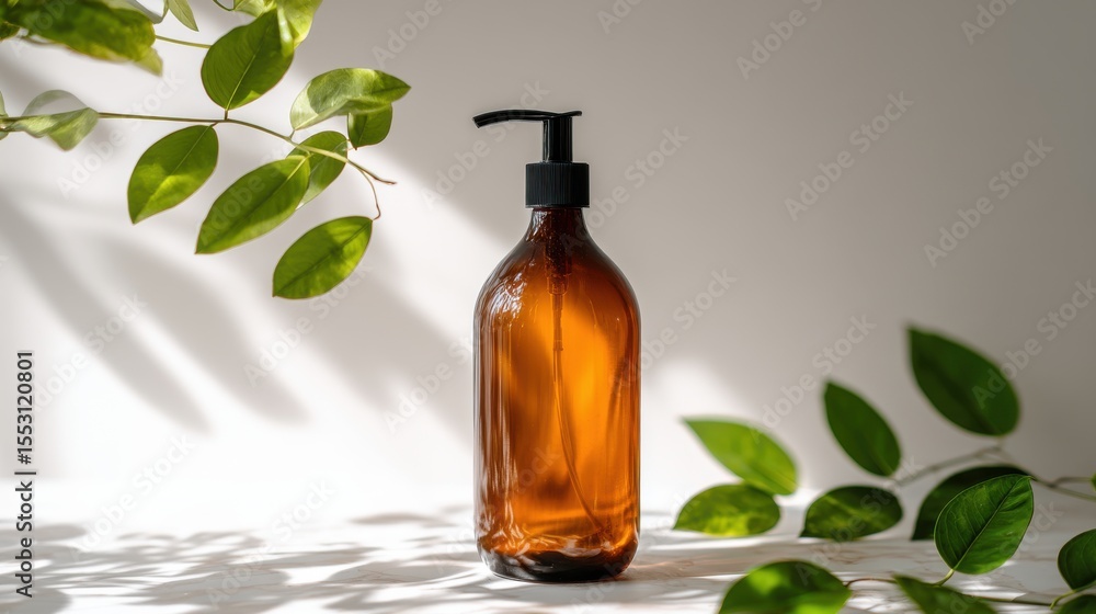 Amber glass pump bottle with green leaves and dappled light shadows Amber glass pump bottle with green leaves and dappled light shadows