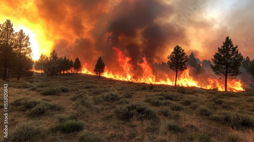 An intense forest fire engulfing trees with dramatic flames and smoke, showcasing the raw power of nature and the urgent need for environmental protection and awareness.