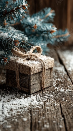 Forest-themed gift box decorates a rustic wooden table covered in snow and pine branches during winter