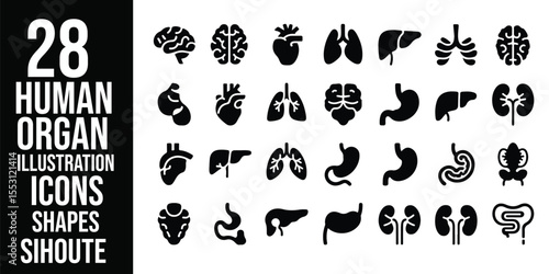 A collection of twenty eight human organ icons in black silhouette on a white background display