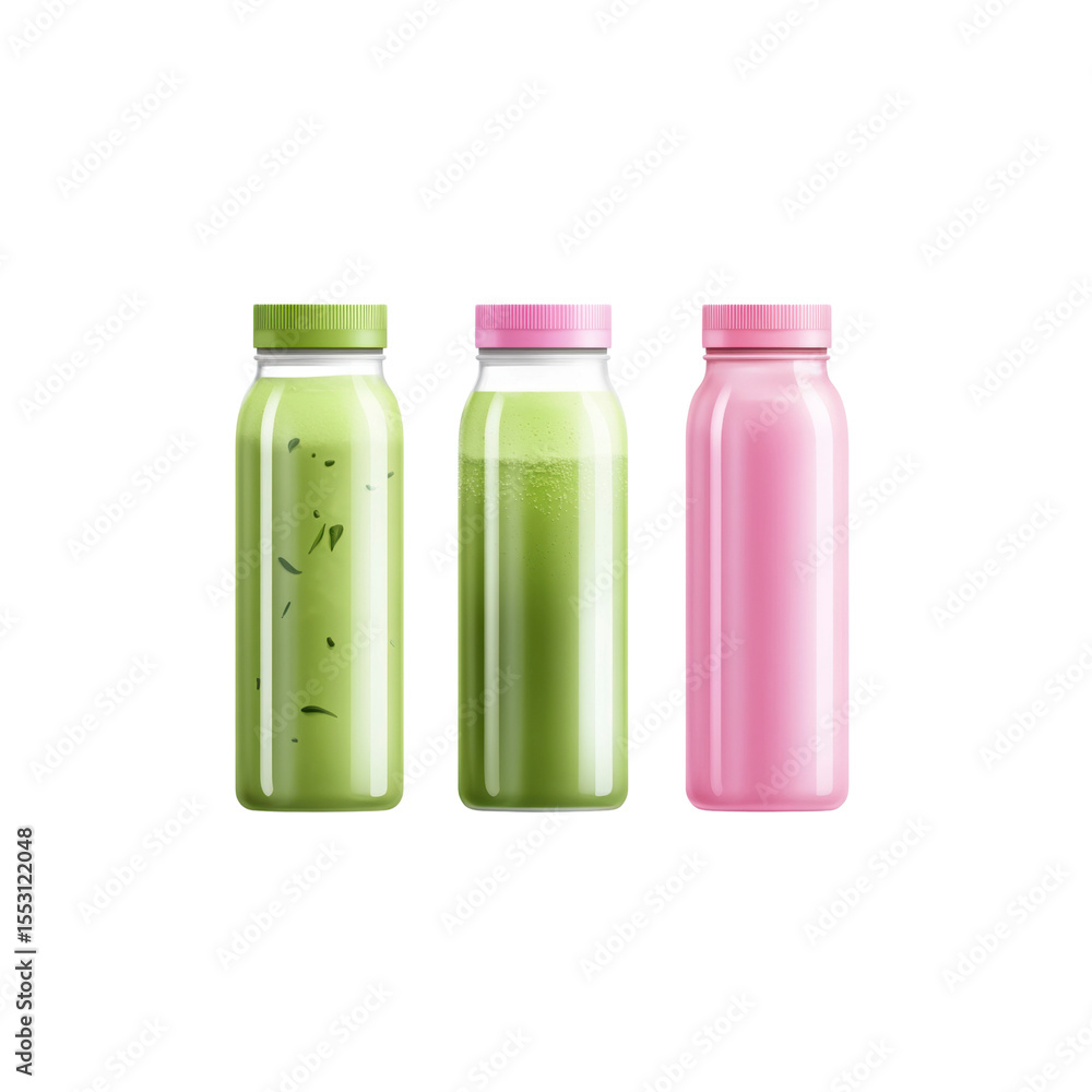 Three Glass Bottles with Green and Pink Smoothies or Drinks - Mockup for Branding and Packaging Three Glass Bottles with Green and Pink Smoothies or Drinks - Mockup for Branding and Packaging