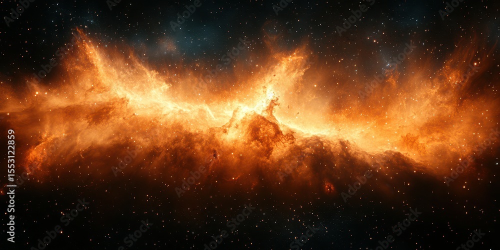 Majestic fiery nebula illuminated by distant stars in the depths of space Majestic fiery nebula illuminated by distant stars in the depths of space