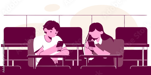 Cute pupils using mobile phone at the elementary school