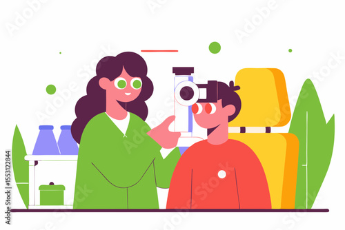 Female optometrist examining young patient with medical equipment in ophthalmology clinic