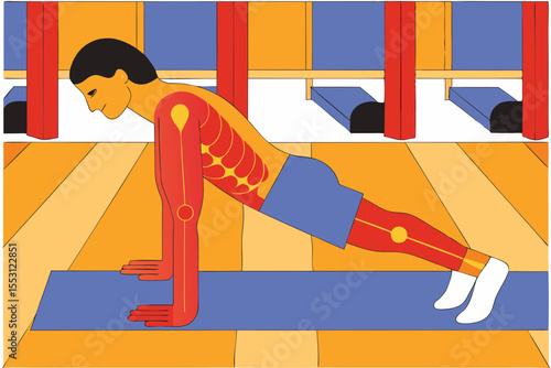 Digital composite of highlighted spine of exercising man at gym