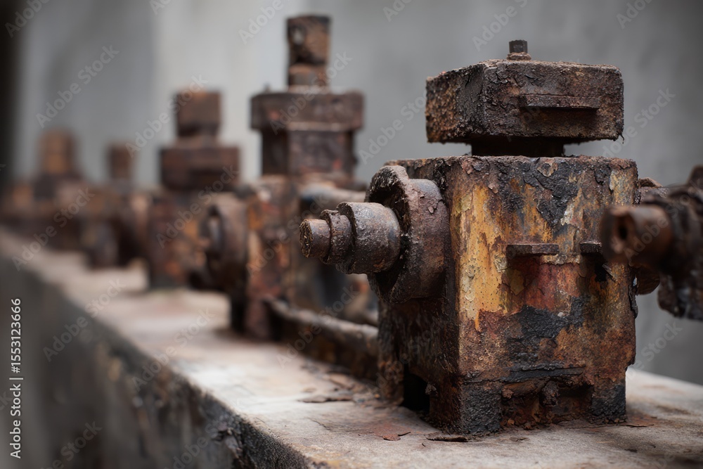 Row of rusty mechanical components on a weathered surface. Row of rusty mechanical components on a weathered surface.