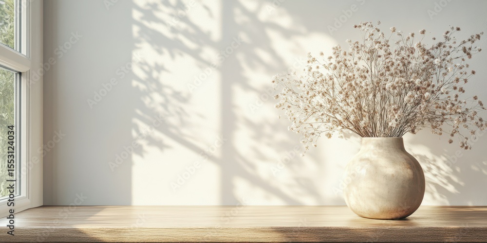 Dried flowers in a vase on a wooden table illuminated by natural light from a window Dried flowers in a vase on a wooden table illuminated by natural light from a window