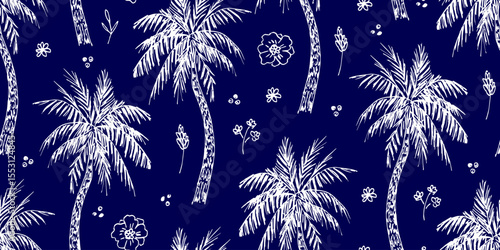 Simple floral vector seamless pattern. White outline on dark blue background. Palm, flowers, summer vacation. For Hawaiian shirt prints, beachwear.