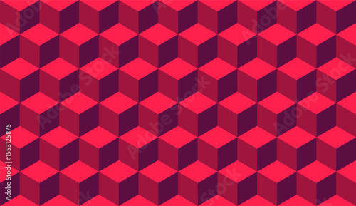 Red 3d cube seamless isometric pattern background geometric texture. 3d cube backdrop squares.