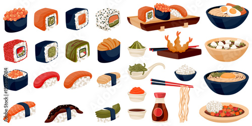 Japanese food set. Sushi rolls, ramen, tempura shrimps, miso soup, udon, rice vector illustration. Menu design elements
