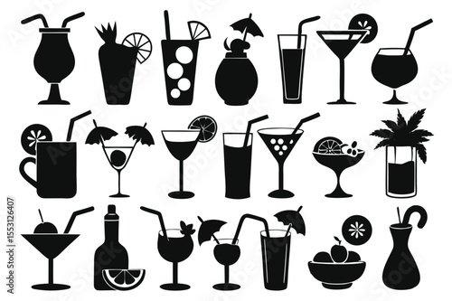 Various alcoholic beverage glasses showcase a cocktail arrangement of beverages on a transparent backdrop