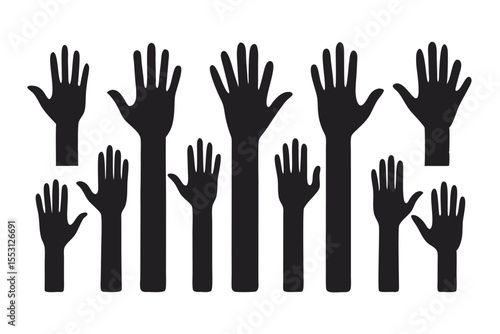 A collection of reaching human hands are depicted in black silhouette on a white background