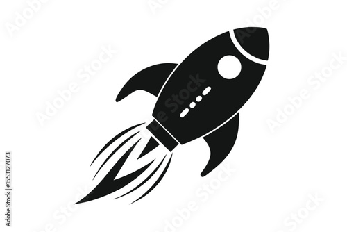 Solid black rocket ship soars upward, propelled by stylized flames against a transparent backdrop