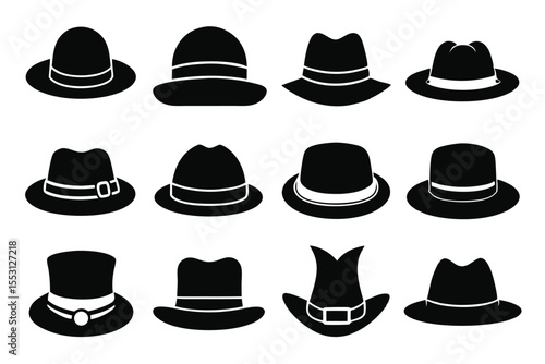 An array of twelve varied black monochrome hat silhouettes showcases different vintage styles and elegance