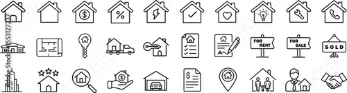 Real Estate Vector Outline Icon Set. Property, home, rent, sale, mortgage, contract, plumbing, inspection, repair, garage, location, key, bill icons
