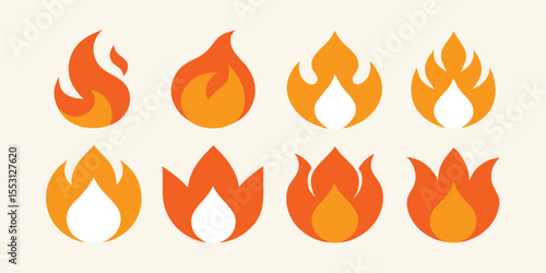 Various orange and yellow flames burn brightly against a light beige background in this collection