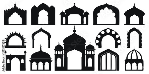 Black silhouettes display varied traditional Islamic architecture, emphasizing domes and arches, transparent background