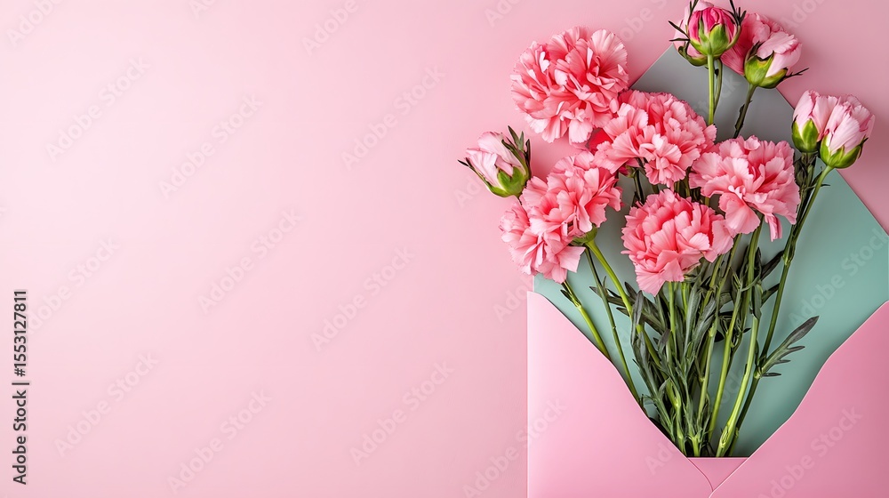 Pink Carnations in a Pastel Envelope Romantic Floral Background Pink Carnations in a Pastel Envelope Romantic Floral Background