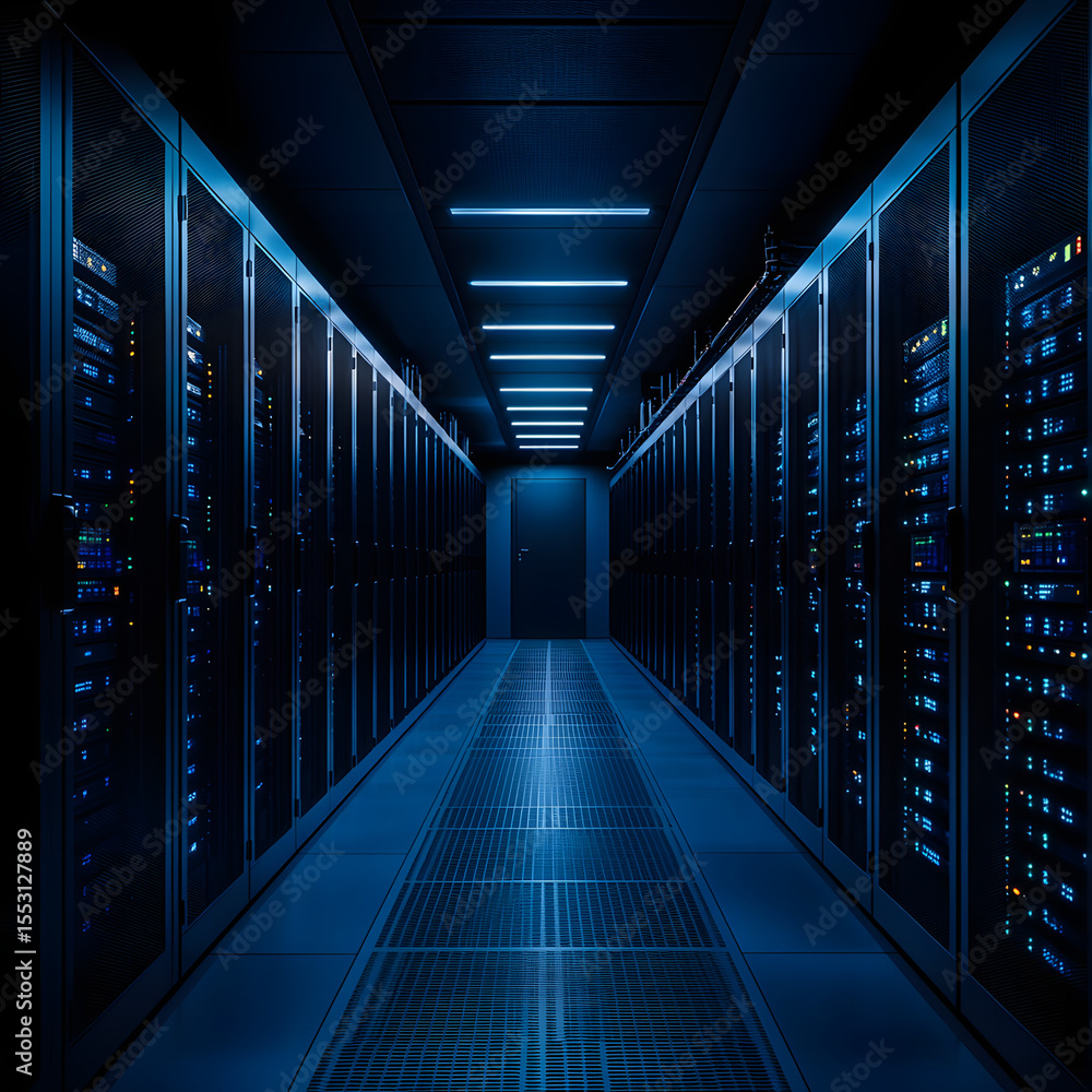 Fototapeta premium Modern data center with server racks and advanced liquid cooling, illuminated in blue, featuring large solar panels in the background for sustainable power. 