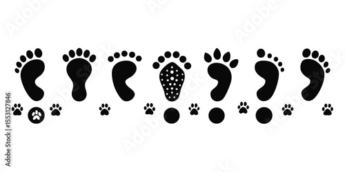 Different human footprints and animal paw prints show side by side on a white background