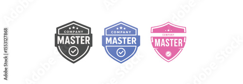 Company Master Badge Set Gray, Blue, and Pink Shield Logos with Checkmark and Stars