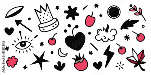 Handdrawn symbols scattered randomly create a playful, diverse, and eyecatching doodle, featuring transparent background