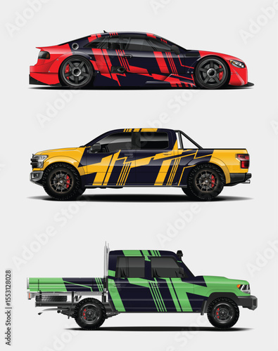 Three Customized Trucks and a Car with Unique Color Schemes and Designs