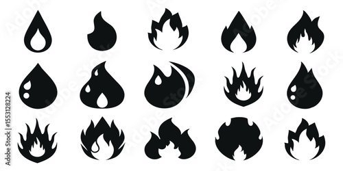 Black silhouettes display a variety of water droplet and flame representations against a transparent background