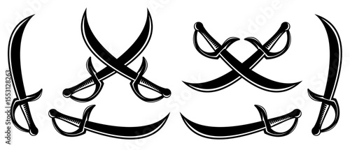 Crossed Swords and Single Sword Silhouette Collection in Black and White Vector EPS Style Isolated on White for Heraldic and Warrior Graphics