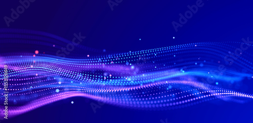 Abstract bright wave of glowing particles. The flow of musical sounds. Big data visualization. 3d rendering.