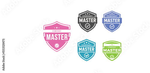 Collection of five company master badges in different colors, featuring a shield shape, stars